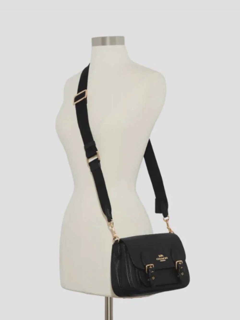 Coach Black Leather Crossbody with Gold Hardware and Wide Strap